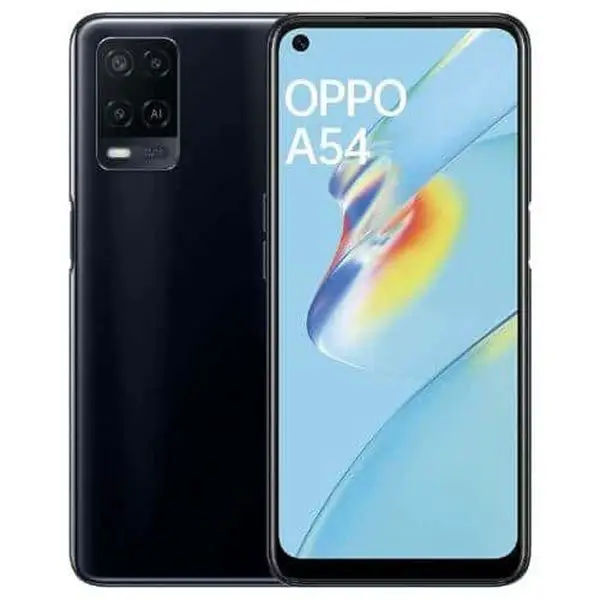 A person holding an Oppo A54 smartphone. The phone has a 6.51-inch HD+ display, a MediaTek Helio P35 processor, 6GB of RAM, and 128GB of storage. It has a triple-lens rear camera with a 13MP main sensor and a 5000mAh battery. The Oppo A54 was released in Bangladesh in 2021 and is priced at around ৳18,990 for the 6GB/128GB variant.