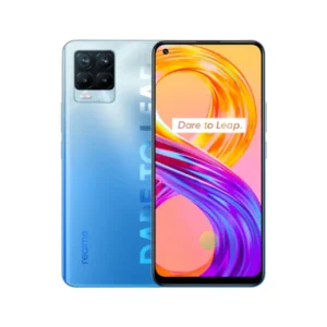 A sleek and stylish Realme 8 5G smartphone in a gradient blue color, featuring a quad-camera setup on the back and a punch-hole front-facing camera. This powerful phone boasts a MediaTek Dimensity 700 5G processor, up to 8GB of RAM, and a long-lasting 5000mAh battery.