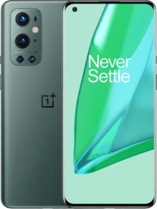 OnePlus 9 Pro smartphone in emerald green. The phone has a large, edge-to-edge display and a sleek, minimalist design. The text "Never Settle" is printed on the back of the phone.