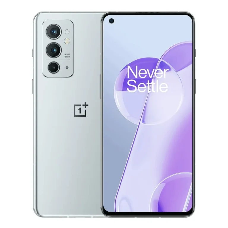 A promotional image for the OnePlus 9RT 5G smartphone, highlighting its 50MP main camera and the brand's "Never Settle" slogan. The phone is pictured in a dark color with a glossy finish.