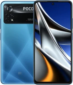 Image of the back of a Xiaomi Poco X4 Pro 5G smartphone, showing the triple camera system with a 108MP main sensor, as well as the Poco branding and 5G logo.