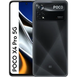 Image of the back of a Xiaomi Poco X4 Pro 5G smartphone, showing the triple camera system with a 108MP main sensor, as well as the Poco branding and 5G logo.