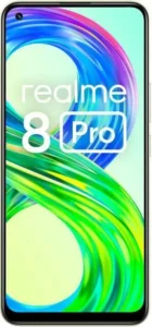 A photorealistic image of a Realme 8 Pro smartphone in a bold blue color, tilted at an angle to showcase its sleek design. The text "realme Dare to Leap" is prominently displayed in the background, emphasizing the brand's adventurous and innovative spirit. This image is suitable for e-commerce websites, product listings, and social media posts promoting the Realme 8 Pro in Bangladesh.