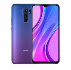 Image of a Xiaomi Redmi 9 smartphone in a gradient sunset purple color. The phone has a quad-camera system on the back, consisting of four circular lenses arranged in a square formation. Text on the phone reads "Redmi" and "AI Quad Camera."