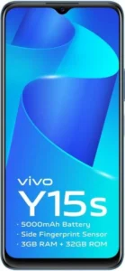 Image of the back of a Vivo Y15s smartphone in Mystic Blue. The phone has a dual camera system with a 13MP main sensor and a 2MP depth sensor. The text "vivo" is printed vertically on the back of the phone.