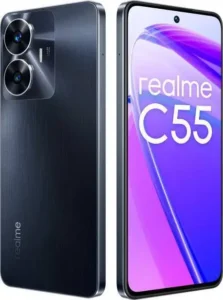 This image showcases the Realme C55 smartphone, a budget-friendly device featuring a 6.72-inch HD+ display, a MediaTek Helio G88 processor, and a dual-camera rear system. The C55 is available in Bangladesh in two storage variants: 6GB RAM with 128GB storage and 8GB RAM with 256GB storage. The 6GB/128GB variant is priced at BDT 19,999, while the 8GB/256GB variant costs BDT 22,999.