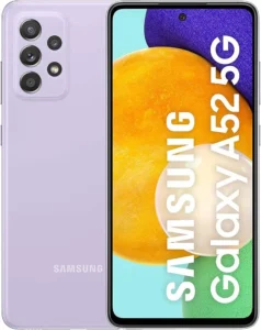 This image showcases the Samsung Galaxy A52 5G smartphone in a sleek Awesome Blue color. The phone features a quad-camera setup on the back, consisting of a 64MP main sensor, a 12MP ultrawide sensor, a 5MP macro sensor, and a 5MP depth sensor. It also has a 6.5-inch Super AMOLED display with a 90Hz refresh rate, a Qualcomm Snapdragon 720G processor, and a 4500mAh battery with 25W fast charging.