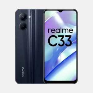 This image showcases the Realme C33, a budget-friendly smartphone with a large display, dual rear cameras, and a long-lasting battery. The phone is available in three storage variants: 32GB, 64GB, and 128GB. The Realme C33 starts at BDT 13,999 for the 3GB/32GB base model, making it an affordable option for budget-conscious buyers in Bangladesh.