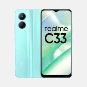 This image showcases the Realme C33, a budget-friendly smartphone with a large display, dual rear cameras, and a long-lasting battery. The phone is available in three storage variants: 32GB, 64GB, and 128GB. The Realme C33 starts at BDT 13,999 for the 3GB/32GB base model, making it an affordable option for budget-conscious buyers in Bangladesh.