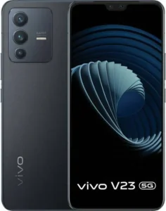A close-up shot of the rear camera module of the Vivo V23 5G smartphone, showcasing its triple-lens configuration. The text "64MP" is prominently displayed next to the main camera lens.