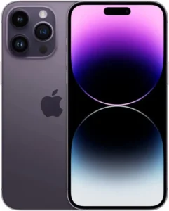 A close-up shot of the back of an iPhone 14 Pro Max in Deep Purple. The phone is resting on a sleek black table, with the camera lens array prominently displayed. The text "iPhone 14 Pro Max" is written in white lettering above the image.
