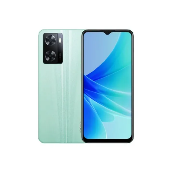 This image shows an Oppo A57s smartphone in a glowing green color. The phone has a 6.56-inch HD+ display, a MediaTek Helio G35 processor, 4GB of RAM, and 64GB of storage. It also has a 13MP rear camera and an 8MP front camera. The Oppo A57s is priced at BDT 16,990 in Bangladesh.