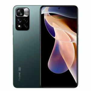Image of a Xiaomi Redmi Note 11 Pro 5G smartphone in Star Blue color. The phone is displayed at an angle on a white background, showcasing its large 6.67-inch AMOLED display. Text overlay highlights the phone's features, including its 108MP main camera, 5000mAh battery with 67W fast charging, and Qualcomm Snapdragon 695 processor.