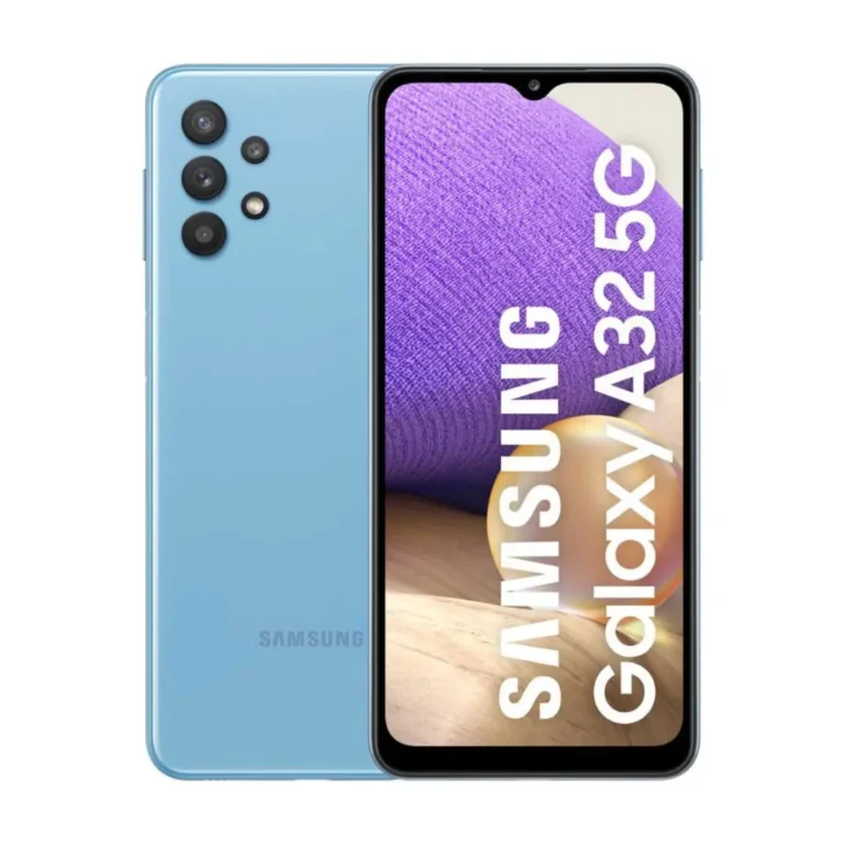 This image shows a Samsung Galaxy A32 5G smartphone in Awesome Violet color. The phone has a 6.4-inch Super AMOLED display with a 90Hz refresh rate, a MediaTek Helio G80 processor, 4GB or 8GB of RAM, and 128GB of storage. It has a quad-camera system on the back, consisting of a 64MP main sensor, an 8MP ultrawide sensor, a 5MP macro sensor, and a 5MP depth sensor. The front-facing camera is 20MP.