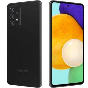 This image showcases the Samsung Galaxy A52 5G smartphone in a sleek Awesome Blue color. The phone features a quad-camera setup on the back, consisting of a 64MP main sensor, a 12MP ultrawide sensor, a 5MP macro sensor, and a 5MP depth sensor. It also has a 6.5-inch Super AMOLED display with a 90Hz refresh rate, a Qualcomm Snapdragon 720G processor, and a 4500mAh battery with 25W fast charging.