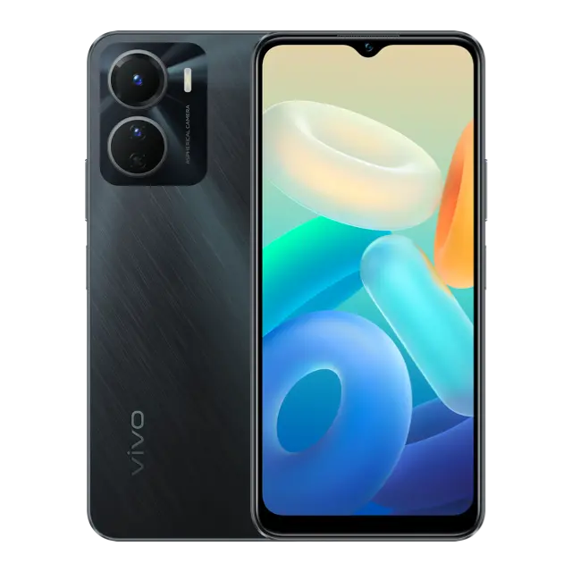 This image shows the front and back of a Vivo Y16 smartphone. The phone has a triple-lens rear camera and a waterdrop notch front camera. The text "vivo" is visible on the back of the phone.