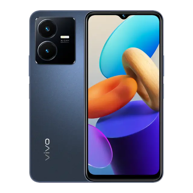 A photorealistic image of the Vivo Y22s smartphone in Starlit Blue and Summer Cyan colors. The front of the phone shows a narrow bezel display with a small cutout for the front-facing camera. The back of the phone has a triple-lens rear camera system and a fingerprint sensor. The text "AL CAM" is written vertically on the left side of the phone, and the "vivo" logo is centered near the bottom.