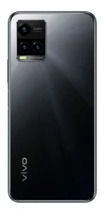 This image is a close-up of the back of a Vivo Y33s smartphone. The phone has a triple-lens rear camera system, with a 50MP main sensor, a 2MP macro sensor, and a 2MP depth sensor. The Vivo logo is also visible on the back of the phone.