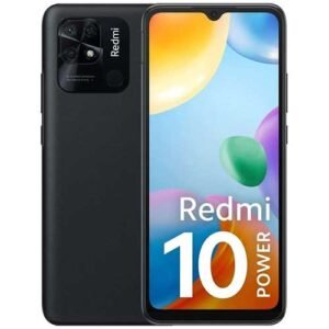 This image shows a Xiaomi Redmi 10 Power smartphone. The phone has a 6.7-inch IPS LCD display with a 90Hz refresh rate, a MediaTek Helio G88 processor, 4GB to 8GB of RAM, and 64GB to 128GB of storage. It has a quad-camera system on the back, consisting of a 50MP main sensor, an 8MP ultrawide sensor, a 2MP macro sensor, and a 2MP depth sensor. The front-facing camera is 8MP. The phone is powered by a 5000mAh battery with 18W fast charging.
