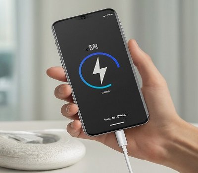 This image show phone charging with a phone hold by a hand.